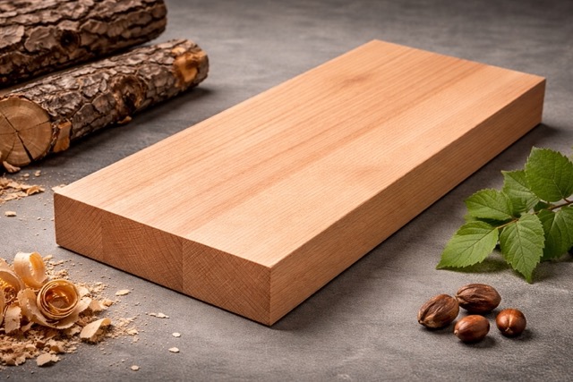 Buche Holz mit heller rötlich-beiger Farbe und feiner Maserung auf neutralem grauen Hintergrund