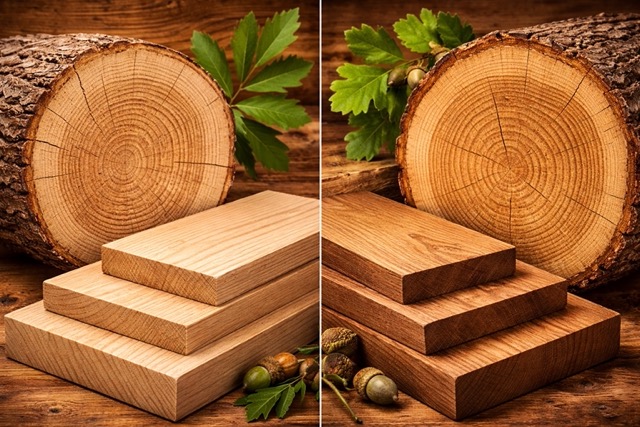 Vergleich von Esche und Eiche Holz – helle Esche und dunklere Eiche im direkten Holzmaserungs-Vergleich