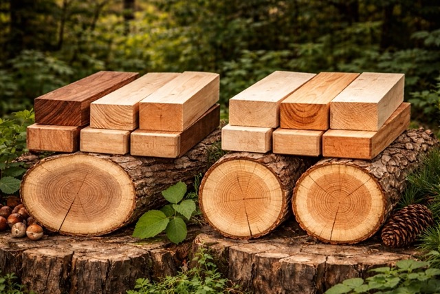Holzproben von Hartholz und Weichholz mit sichtbarer Maserung, Jahresringen und Farbunterschieden im direkten Vergleich