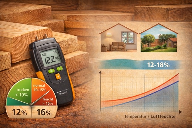 Messgerät zur Bestimmung der Holzfeuchtigkeit in einem Holzbrett mit gestapeltem Schnittholz im Hintergrund