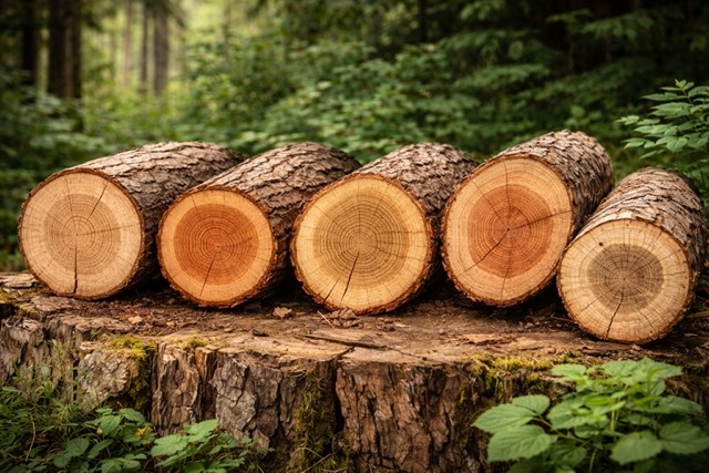 Verschiedene Baumstämme im Querschnitt mit deutlicher Maserung und Jahresringen als Beispiel für dauerhafte Holzarten