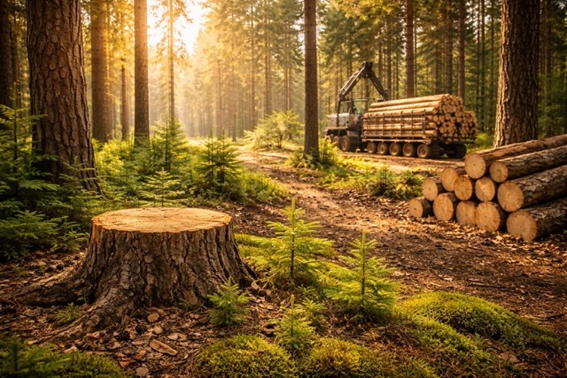 Waldszene mit Baumstumpf, Aufforstung durch junge Setzlinge und Holzernte im Hintergrund als Symbol nachhaltiger Holzwirtschaft