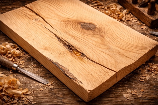 Holzoberfläche mit Trocknungsriss, Astknoten und Harzgalle als typische Qualitätsmerkmale von Holz