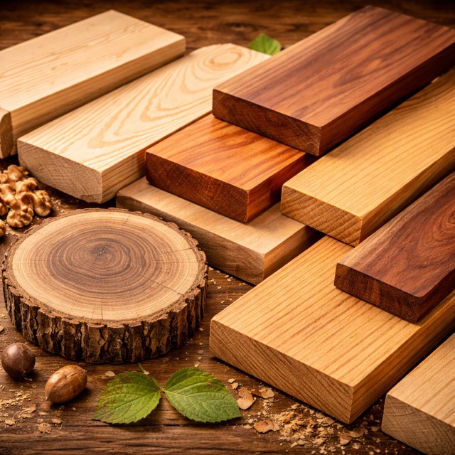 Holzbretter mit variierender Maserung, Farbton und Jahresringen als Beispiel für das Naturprodukt Holz