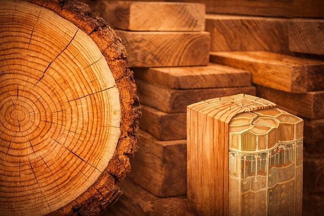 Nahaufnahme eines Baumstamms mit Jahresringen und Darstellung des inneren Aufbaus von Holz mit Zellstruktur